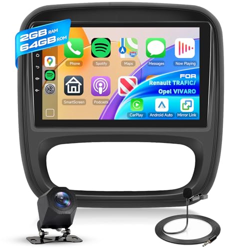 Hodozzy 2GB+64GB Android Autoradio pour Opel Vivaro B 2014-2018/ Renault Traffic 3 2014-2021 Carplay sans Fil Android Auto, Écran Tactile 9 Pouces GPS WiFi, Bluetooth, FM/RDS, Radio 2 Din + Caméra