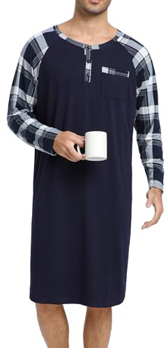 Enjoyoself Camisón Hombre Algodón Camisetas de Pijama Larga Dormir Suave Transpirable Camisa de Noche de Mangas Largas Camison Hospital Ropa de Dormir para Descansar Azul Marino+Cuadros L