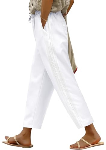 PASUDA Pantalon Femme Été 7/8 Pantalons Fluide Chic et Elegant Coton Pantacourt Taille Elastique Large Décontractée Léger Longueur Pants avec Poches (Blanc, XXL)