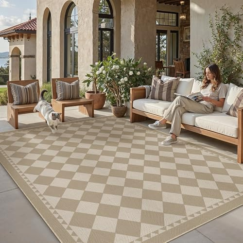 PureCozy Outdoor Teppich Wohnzimmer 240x300cm Outdoorteppich Wetterfest Balkon Beige Kaffee Kariert Teppiche Jute Optik Waschbarer rutschfest Carpet Esszimmer Terrassen Garten BüRo Indoor Groß Rug