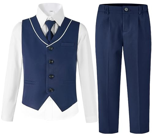 LOLANTA Bröllopsdräkt för pojkar, barnväst & byxor med skjorta & fluga kostymset, festlig outfit för dopdräkt födelsedag och nattvard, Marinblå, 11-12 år