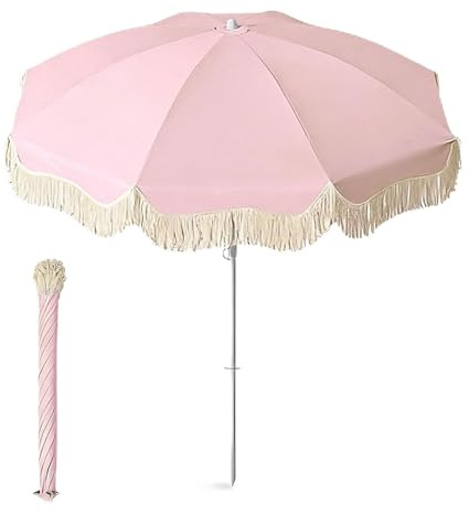YAVYAV Sonnenschirm 150cm Boho Chic Mit Fransen, Strandschirm Vintage UPF 50+ UV-Schutz & Hitzeschutz, Tragbar Für Garten, Balkon, Terrasse, Pool & Camping, Wasserfest, Beige