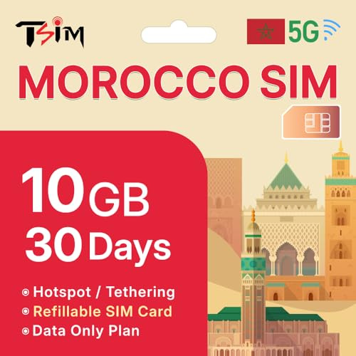 TSIM Carte SIM Maroc 30 Jours | 10 Go de données 5G/4G/LTE Haut débit | Partage de Connexion autorisé | Activation Automatique | Vitesse illimitée | Données Uniquement, sans appels.