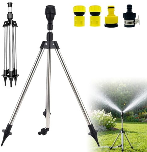 Rotating Tripod Sprinkler, 360° Höhenverstellbares Sprühaufsatz Bewässerungssystem, Automatischer rotierender Stativ-Sprinkler, Edelstahl Teleskopstativsprinkler für Garten Freien Rasen Hof
