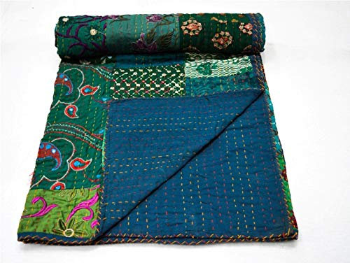 Yuvancrafts Indian Handmade Assorted Patchwork Kantha Quilt Queen Size Cotton Embroidery Quilts Bedspread Throw Blanket Vintage Quilt Bed Cover (Green)