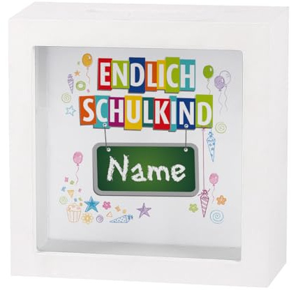 Striefchen® Spardose Einschulung Bilderrahmen mit Geldschlitz - Geldgeschenk Schulanfang Endlich Schulkind - Personalisierte Spardose Schulanfang mit Name des Kindes