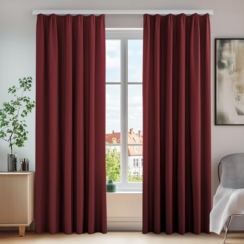 Deconovo Thermogardinen mit Kräuselband für Schiene Sichtschutz Curtain Rot | 2er Set, H 245 x B 140 cm, Blickdicht Vorhänge, Wohnzimmer, Wärmehaltung, Sonnenschutz, Wohnzimmer, Schienensystem Vorhang