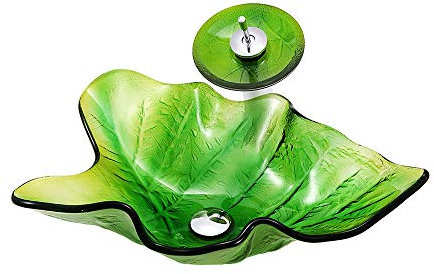 HomeLava Modern Gehärtetes Glas Waschbecken Set Kreative Ahornblatt Design Glaswaschbecken Aufsatzwaschbecken mit Wasserfall Wasserhahn