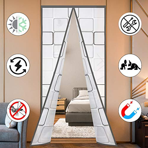 Insulated Door Curtain, Thermal Magnetic Self-Sealing EVA Door Screen Winter Stop Draft Keep Cold Out Cover for Kitchen, Bedroom, Air Conditioner Room,Hands Free,Fits Doors up to 34 x 80, Grey