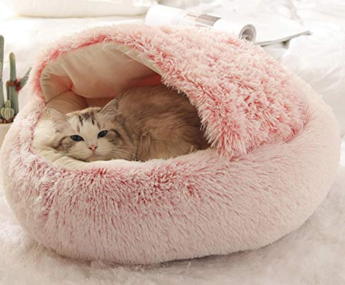 Katzenbett Höhle flauschiges Bettzelt, weicher Plüsch, für den Innenbereich, warmes Haustier-Schlafkissen, rutschfest, abnehmbar, waschbar, Bett für Katze (40 cm, Rosa-A)
