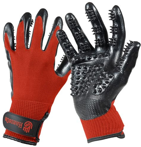 H HANDSON Pet Grooming Gloves - Patented #1 Ranked, Award Winning Shedding, Bathing, & Hair Remover Gloves - Gentle Brush for Cats, Dogs, and Horses (Red, Medium)