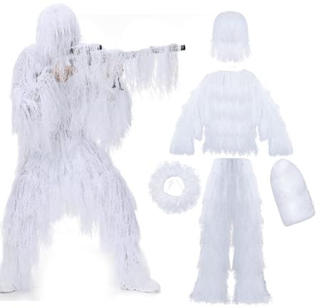 Mimeela Costume Ghillie à capuche pour homme, tenue de chasse camouflage pour jeunes, automne et hiver, Camouflage neige, Taille unique