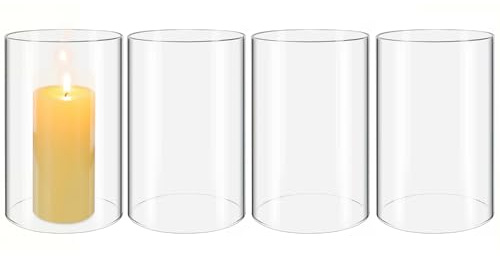 Healifty 4pcs Clear Glass Candle Holder Sleeve Cylinder Hurricane Candle Shade Tealight Tube Cover for Pillar Floating Tea Light for Home Wedding Party, and Restaurant Decor, 7x10cm