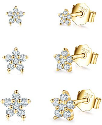 Ohrringe Silber 925 Gold Ohrstecker, 3 Paar Klein Silber Stecker 3mm/4mm/5mm | Ohrringe Set Knorpel Tragus mit AAA Zirkonia Silber Schmuck für Damen Mädchen Frauen Geschenke