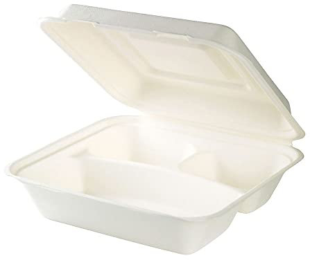 BIOZOYG Recipiente para comida con 3 compartimentos de caña de azúcar I sostenible y biodegradable I para comida fría y caliente sin revestir 23,8x23,9x8,1cm I 50 cuencos con 3 divisiones