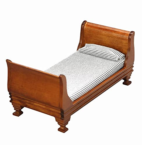 EatingBiting 1:12 Dollhouse Miniature Doll Furniture Vintage Wooden Single Bed Stripe Bedding