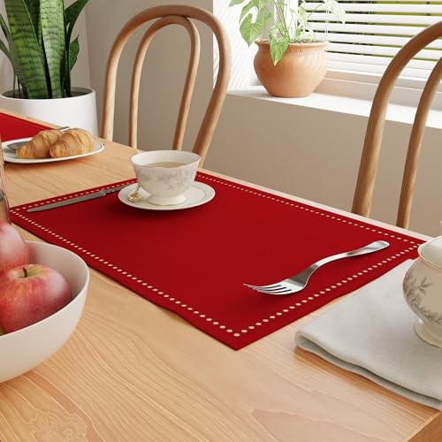 Encasa XO Tovagliette Americane, Lavabili in Cotone 19x13 | Rosso, Puro Cotone | Design Orlato | Sottopiatti Tavola | Lavabile in Lavatrice | Set di 4