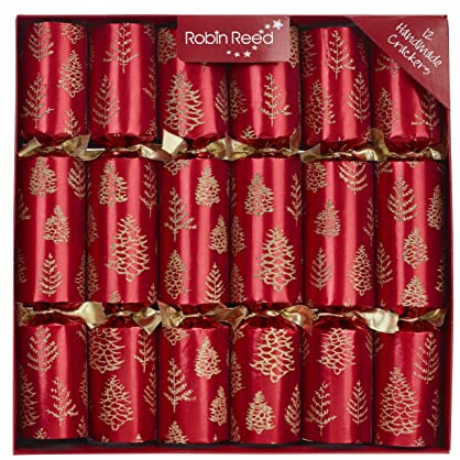 Robin Reed Tree Flakes Red Christmas Crackers, Handmade Holiday Party Favors with Gold Trees, Traditional Gifts and Jokes, 12 Pack