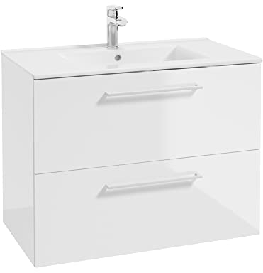 Lomadox Einzel-Waschtisch, 80 cm breit, in weiß Hochglanz lackiert mit Metallgriffen in weiß, 2 Schubladen und Keramikwaschbecken, B/H/T ca. 80/62/46 cm