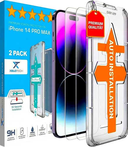 XeloTech Premium Schutzglas für iPhone 14 PRO MAX aus Panzerglas - 9H+ Härtegrad - 2 Stück - Mit Schablone für Schnelle Installation