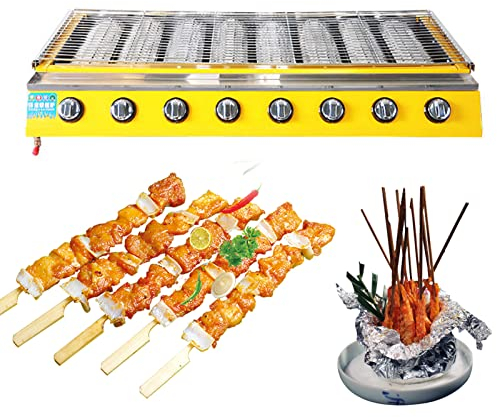 8 Brenner Gas BBQ Grill, Tragbarer Butangas Gasgrill mit Grillrost, Hochleistungs Steakgrill aus Edelstahl, Höhenverstellbar Grillofen, Fettauffangschale, Einfach zu Reinigen,Gelb,103x40x20cm