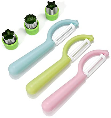 Goodchef Juego de 6 peladores infantiles para cortar frutas, verduras y más con asas fáciles de agarrar y seguro para las manos, incluido el cortador de galletas verde, pelador para niños.