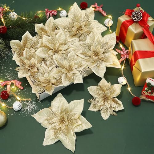 Alupssuc Lot de 24 Fleurs de Noël artificielles Poinsettia à Paillettes avec Clip et bâton - Doré