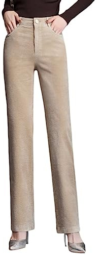 DISSA Pantalon Femme Taille Haute Droit Velours Côtelé,Beige,29W
