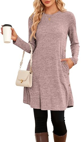 NARRAME Robe Pull d'hiver à Manches Longues pour Femme - Tunique décontractée avec Boutons sur Le côté et Poches