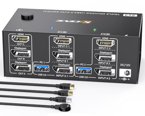 ESKEVE KVM-omkopplare 2 PC 3-bildskärmar 8K@60Hz 4K@144 Hz, trippelskärm, KVM-switch DisplayPort HDMI och 4 USB 3.0-portar för 2 PC-delar 3 bildskärmar, tangentbord, mus, med 12 V DC-strömförsörjning