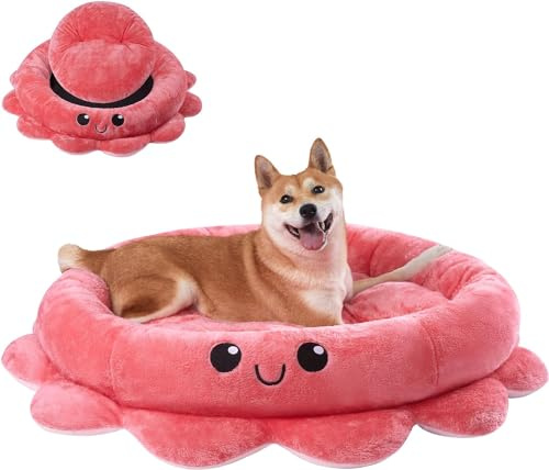 Jiupety Niedliches, beruhigendes Hundebett für große und extra-Hunde, Angstkissen, Oktopus-Form, Rosa/rot, XL, Boho, rundes Haustierbett, Katze mit abnehmbarem Kissen