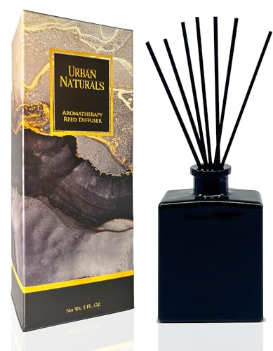 Urban Naturals Smoked Vanilla Reed Diffuser Set with Vanilla Bean, Sandalwood & Leather – 5 Ounce Sleek Black Rectangular Refillable Glass Bottle – Made in the USA