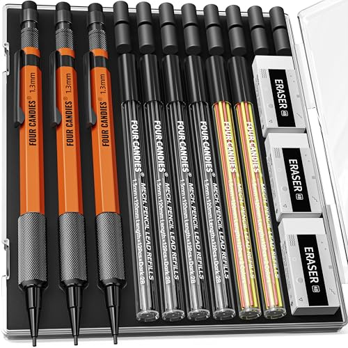 Four Candies 3 Stück 1,3 mm Druckbleistift Set mit Etui, Metall-Schreinerbleistifte mit 48 Nachfüllungen (Rot, Schwarz, Gelb), Radiergummis, wetterfestes Gehäuse für die Markierung Freien
