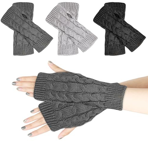 SKHAOVS 3 Pares Calentadores de Brazos de Punto, Invierno Guantes Tejidos Cálidos Guantes sin Dedos Guantes de Medio Dedo Calentadores de Brazo Mitones Cálido para Hombre y Mujer