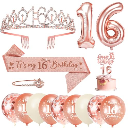 16. Geburtstag Mädchen Deko Set, Krone Schärpe Ballons Set | Geburtstagsdeko zum 16. Geburtstag mit Tiara, Schärpe, Ballons, Zahlenkerze 16 und Tortendeko für Mädchen Kinderparty