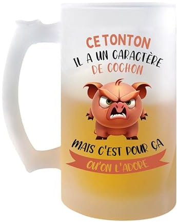 Planetee Chope Ce Tonton Caractère de Cochon | Verre à bière Pinte Famille Prénom Cadeau Anniversaire Noël Humour