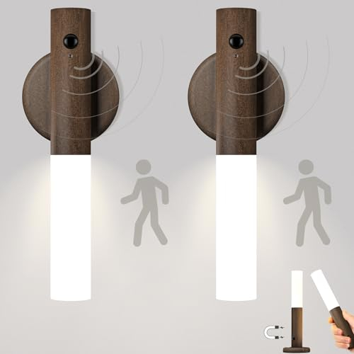 SYMYNELEC 2 Stück Akku Wandleuchte Holz mit Bewegungsmelder, USB Kabellose Wandlampe Innen ohne Stromanschluss, Warmweiß Magnetische Nachtlicht ohne Bohren für Flur Treppen Wohnzimmer (Dunkles Holz)