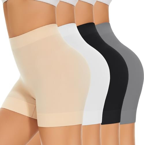 SIMIYA Radlerhose Damen Kurze Shorts Unter Kleid Rock Anti Scheuern Hotpants Kurze Leggings Damen Boxershorts Bequem Elastisch Unterhosen für den Alltag 4er Pack,Schwarz+Weiß+Beige+Grau,S