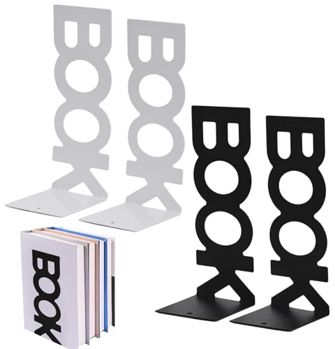 KAYEF Serre-Livres Design Blanc et Noir en Métal - Lot de 2 Paires, Moderne et Esthétique, pour Livres, DVD, CD, Magazines