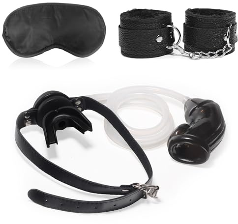 Baillon Ball Gag avec Urinoir Gaines pour Pénis,Kits de Bondage,Cage de Chasteté Pénis Fétiche,Menottes Sexy Érotique,Masque pour les yeux,Sex Toýs Couple (Gag Noir + Manchon Noir)