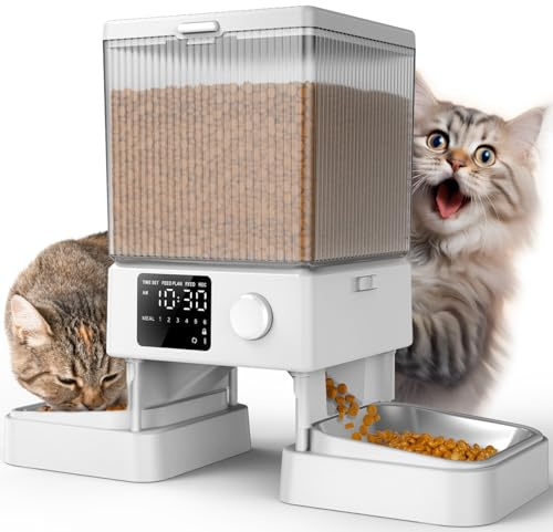 oneisall Mangeoire Automatique pour 2 Chats, 20 Tasses/5 L, Distributeur Automatique de Nourriture pour Chats de Petite Taille à l'intérieur, mangeoire programmée pour Nourriture sèche (Blanc)