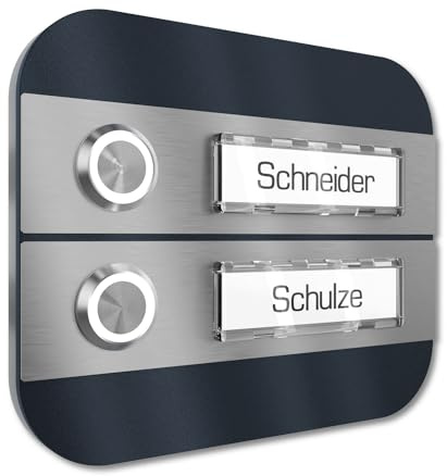 Graviers Design Campanello multi familiare con Pulsante LED Targhetta 2 nomi - V2A acciaio inox 140x115 mm Verniciatura a polvere RAL 7016 - incasso selezionabile esterno per porta
