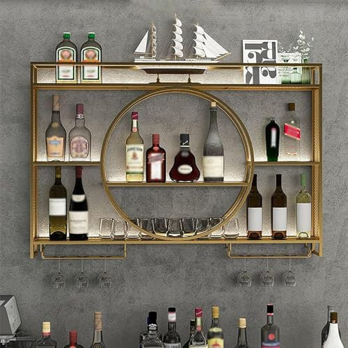 Weinregal Wand Eisen Mit Glashalter, Wand Flaschenhalter Küchenregal Hängend Weinregale Flaschenregal Weinglasregal Weinregal Palette Eisen Wandmontierte Weinregal Für (Size:140*15*80cm,Color:Gold)