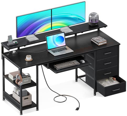 ODK Escritorio con 4 Cajones, 160x52cm Escritorio de Ordenador con Toma de Corriente y Carga USB, Escritorio Gaming Mesa de Escritorio con Estantes Ajustables para el Hogar, Negro