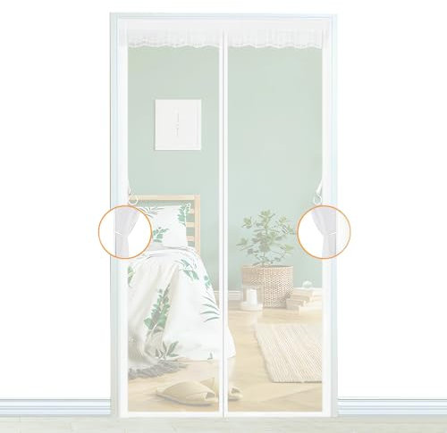 Magnetischer Fliegengittertür, 90 x 200 cm (Breite x Höhe), Türvorhang, Mückenschutz, automatischer Verschluss, für Flur, Türen, Patio, Vorhang, einfache Installation ohne Werkzeug, beige gestreift