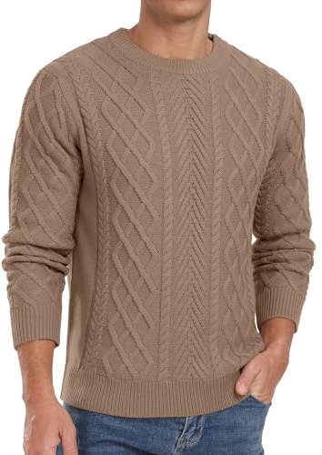 QIXING Men's Jumpers Cable Knit Crew Neck Long Sleeve Thick Sweaters for Men UK Fisherman Textured Soft Knit Casual Pullover