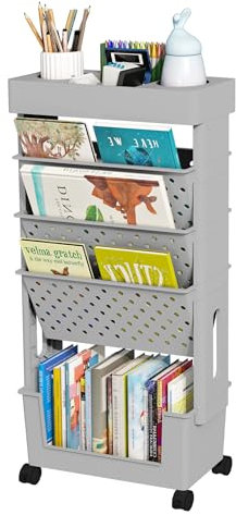yeavs Mobiles Bücherregal mit 5 Ebenen, rollbares Bücherregal, Bücherregal, beweglicher Aktenordner, Organizer-Wagen mit Rädern für Zuhause, Arbeitszimmer, Büro, Wohnzimmer, Klassenzimmer, Grau