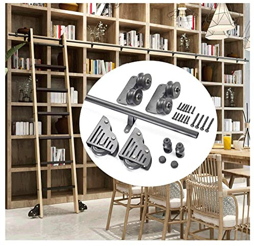 1M-6M Rolling Library Schiebeleiter Hardware Kit, Schwarzes Stahlrundrohr Mobile Leiterschiene, Für Dachboden/Zuhause/Innenbereich, Einfach Zu Installieren/Einfarbig/300Cm/9.8Ft,Einfarbig-300Cm/9.8Ft