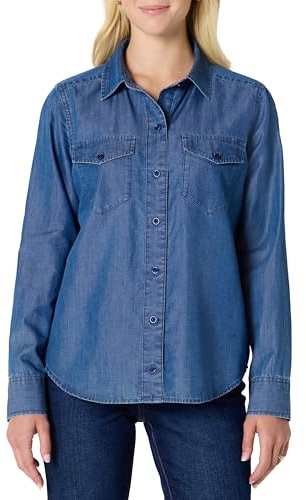 Amazon Essentials Camicia da Donna a Maniche Lunghe con Bottoni, in Denim Chambray, vestibilità Comoda, Lavaggio Medio Classico, XL