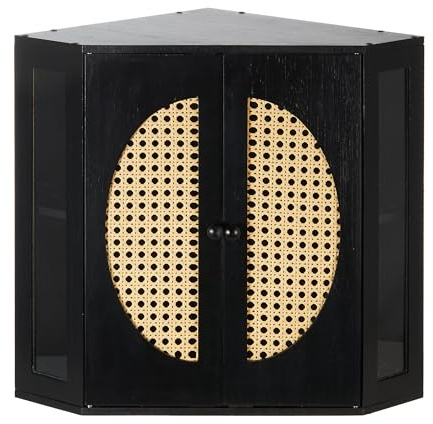 BRONYPRO Boho Rattan Corner Bread Box for Kitchen Countertop – Meduim Black Bamboo Breadbox, Double Layer Storage with Height-Adjustable Partition